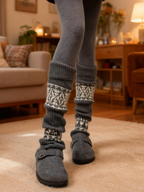 Fir Island Socks, Slouch Socks Paired with Birkenstock Shoes, Thickened and Warm Knit Gray Leg Warmers for Autumn and Winter, Women's Leg Warmers Paired with Snow Boots