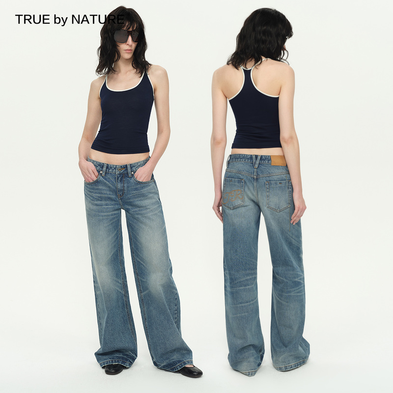True by Nature Retro Blue Distressed Washed Low-Rise Straight-Leg Jeans for Women