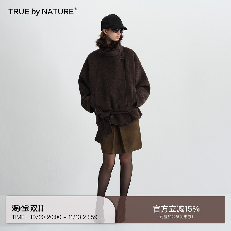 True by Nature 70% Wool Vintage Double-Sided Woolen Detachable Fur Collar Short Woolen Coat Jacket
