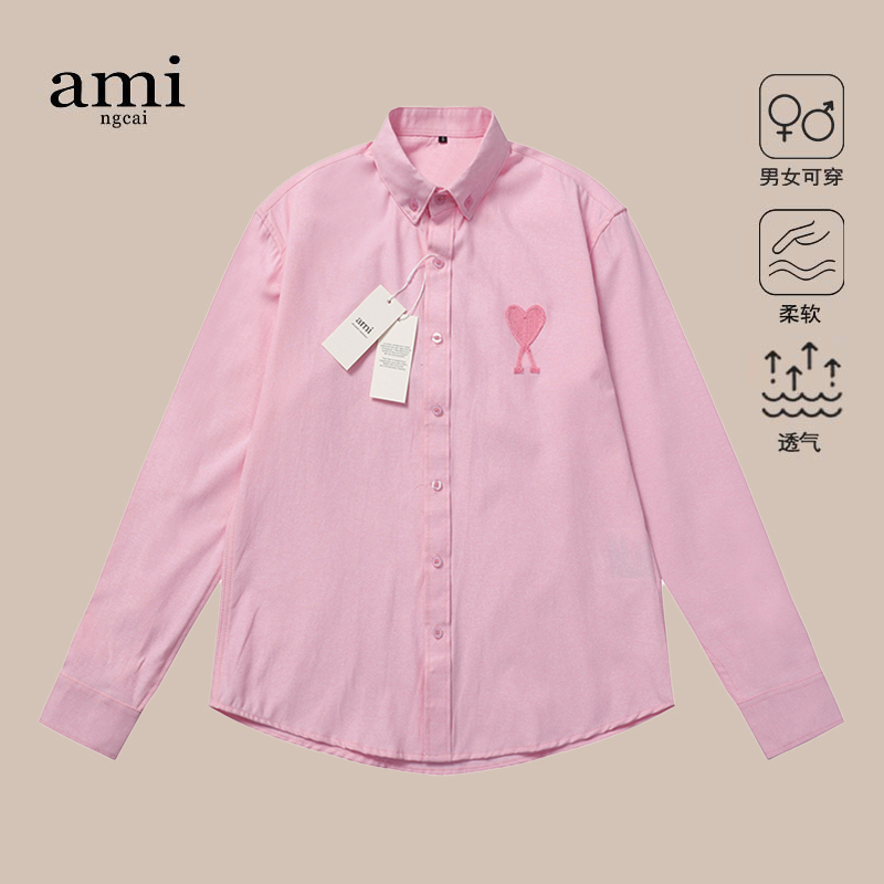 Ami Ngcai Official Pink Pure Cotton Long-Sleeved Shirt for Men and Women, Couple's Spring and Autumn Casual Embroidered Lapel Top, Trendy Ami Ngcai Official Pink Pure Cotton Long-Sleeved Shirt for Men and Women, Couple's Spring and Autumn Casual Embroidered Lapel Top, Trendy