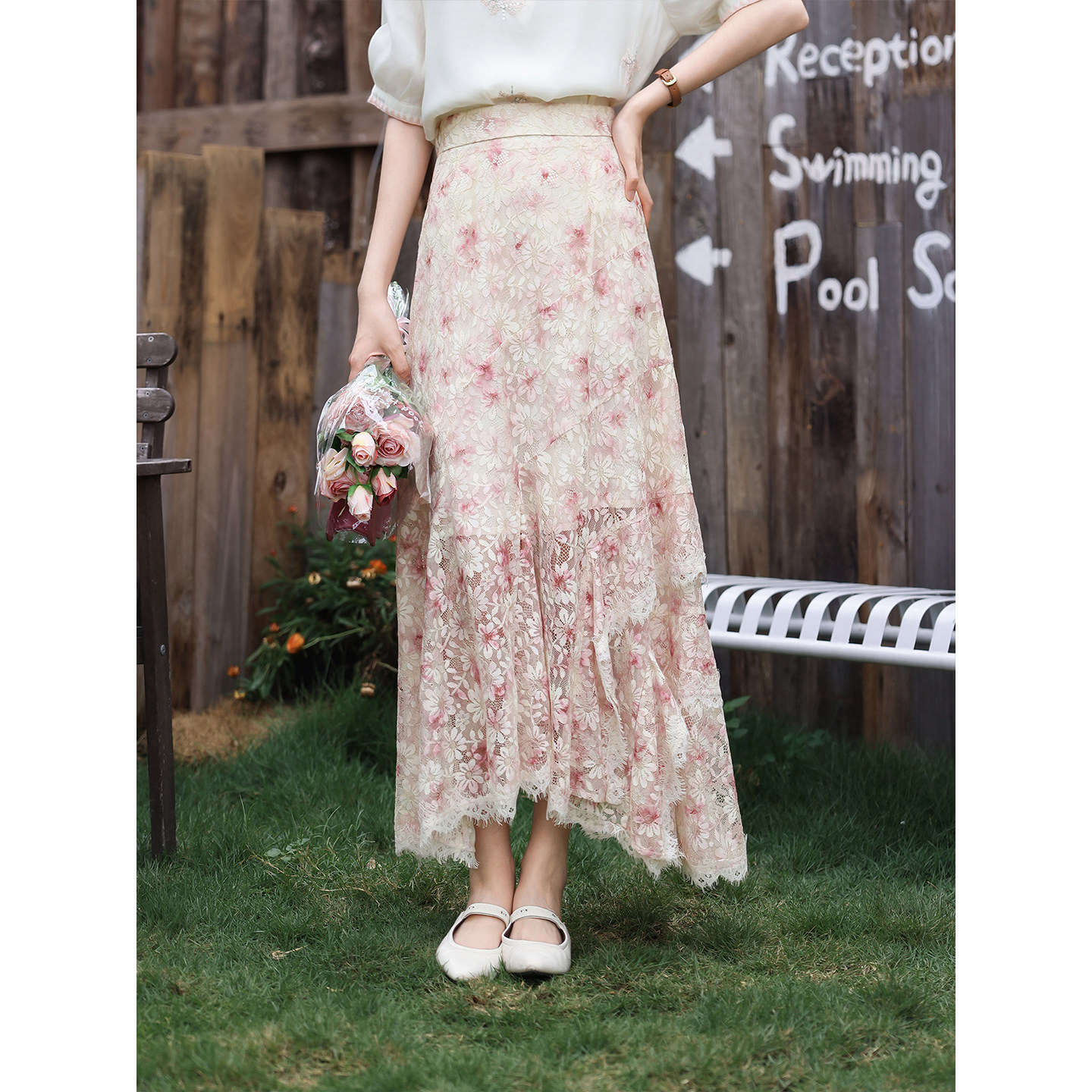 Qiqi【Strawberry Milk Cake】Super Pretty Pink Gradient Irregular Skirt for Women, Summer Design Mid-Length Skirt