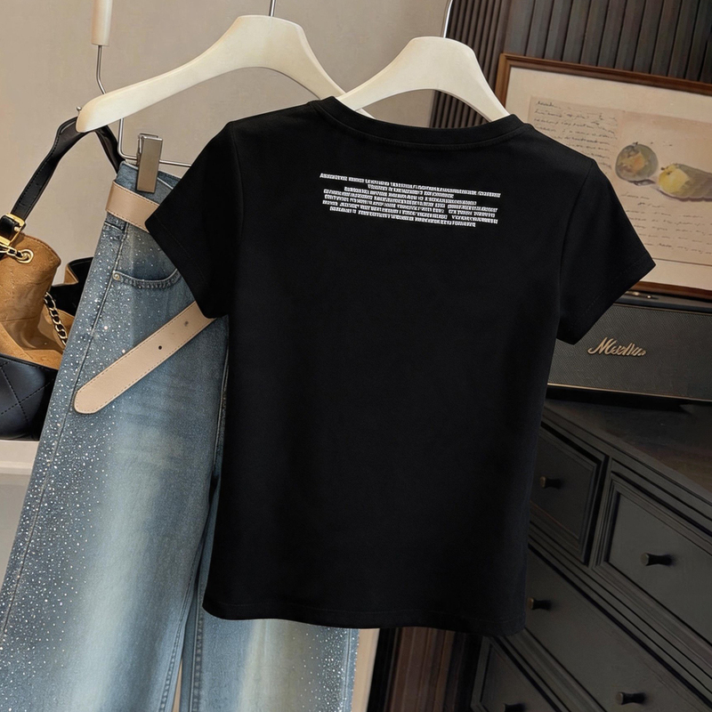 Black U-Neck Short-Sleeved T-Shirt with Letter Print on the Back, Women's Summer Slim Fit, Versatile and Stylish Top