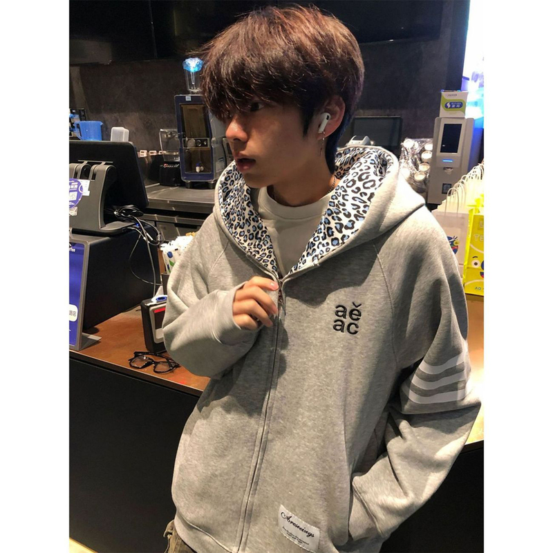 American High Street Three-Stripe Hooded Sweatshirt for Men, Autumn and Winter Couple Wear, Letter Embroidery Leopard Print Jacket, Trendy