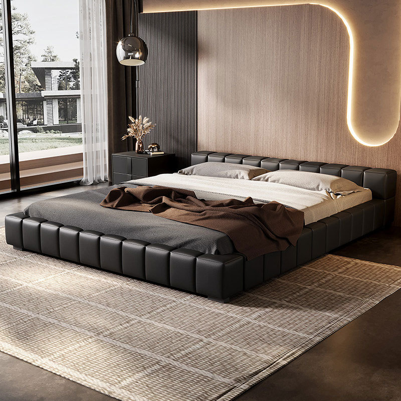 Italian-Style Light Luxury Leather Bed 2m X 2.2m Large Bed Minimalist High-End Low Headboard Floor-Standing Double Bed Master Bedroom Wedding Bed