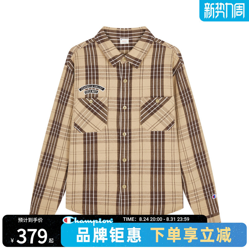 Champion Long-Sleeved Shirt with Embroidered Logo, Plaid College Style, Casual Fashion Long-Sleeved Cardigan Jacket