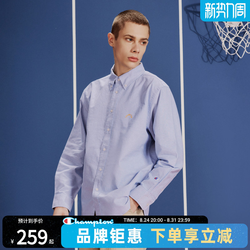 Champion Long-Sleeved Shirt with Embroidered Logo, Lapel, Men's Spring and Autum Loose Retro Blue Top