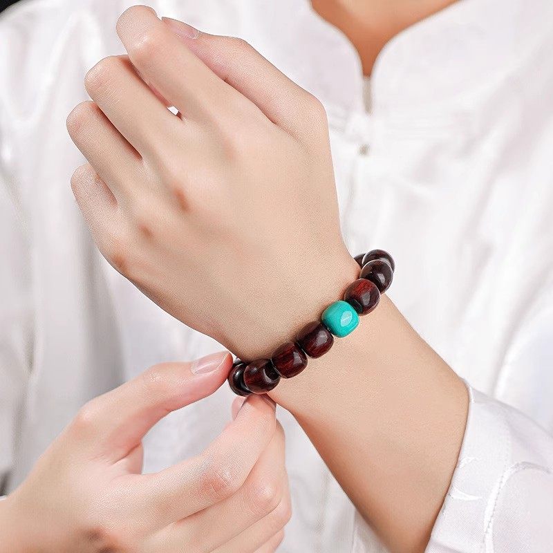 天然小叶紫檀木质老型珠手串蜜蜡玉石顶珠男女情侣款国潮佛珠手链