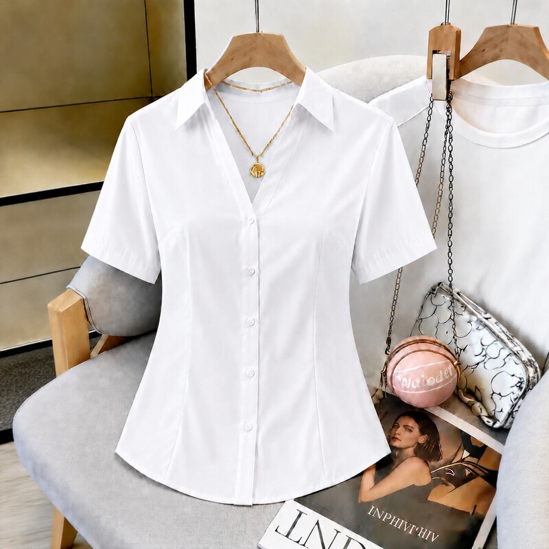 Spring and Autumn Short-Sleeved White Shirt for Women, Professional Formal Wear, Interview Workwear, Elegant Slim-Fit Blue Shirt, Workwear Top Spring and Autumn Short-Sleeved White Shirt for Women, Professional Formal Wear, Interview Workwear, Elegant Slim-Fit Blue Shirt, Workwear Top