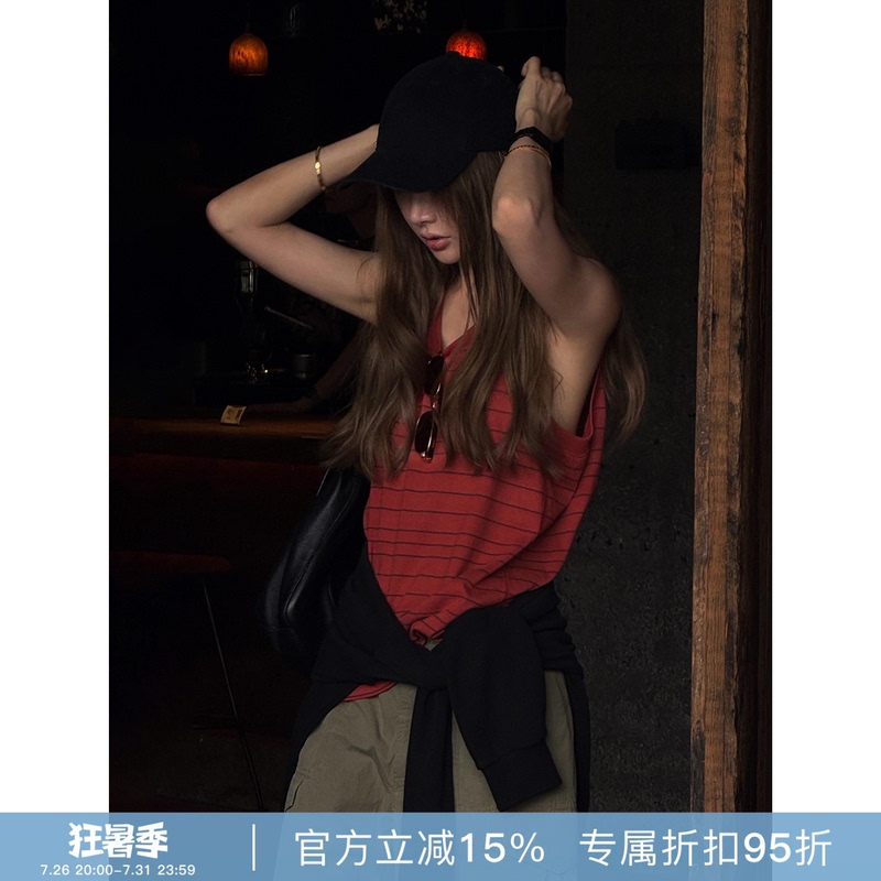 Rher Studio “American Stripes” 100% Pure Cotton Red Vest Loose Sports Vest D620B Rher Studio “American Stripes” 100% Pure Cotton Red Vest Loose Sports Vest D620B
