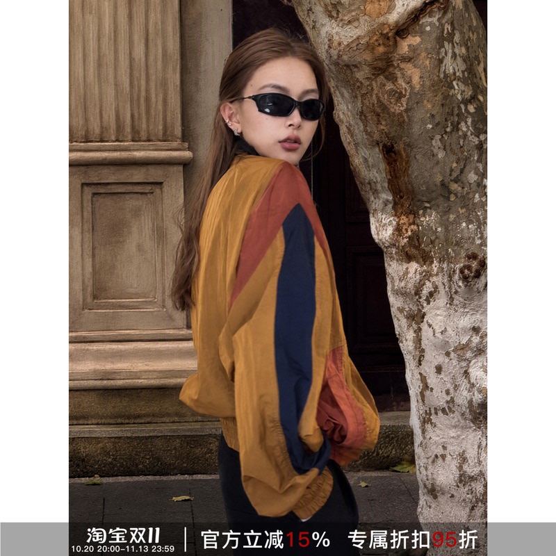 Rher Studio"California Sunset Orange" American Retro Design Color-Blocking Thin Jacket Versatile Outerwear W0388