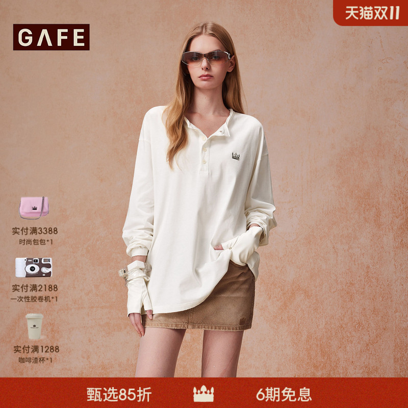 Gafe Crown "Zhang Ji's Style" Pure Cotton Henley Collar Long Sleeve T-Shirt for Men and Women, Relaxed Fit, Distressed Oversize