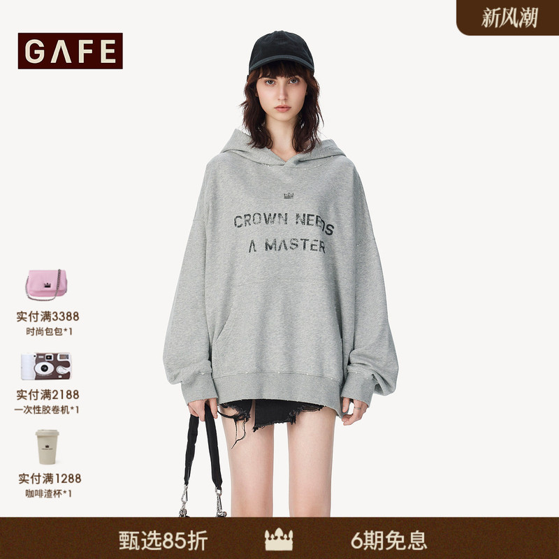 Gafe "Song Yaxuan Style" Letter Distressed Print Vintage Hooded Sweatshirt Unisex Loose Fit 26 Spring/Summer New Style Gafe "Song Yaxuan Style" Letter Distressed Print Vintage Hooded Sweatshirt Unisex Loose Fit 26 Spring/Summer New Style
