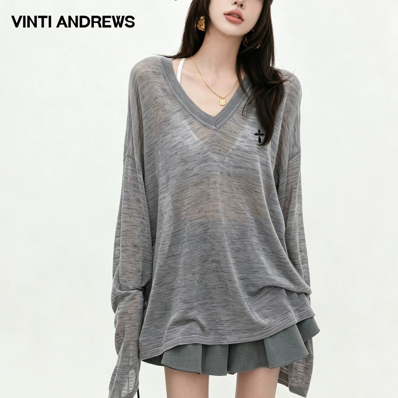 Vinti Andrews Slightly Sheer V-Neck Knit Sweater for Women 2026 New Casual Simple Fashion Versatile Top Vinti Andrews Slightly Sheer V-Neck Knit Sweater for Women 2026 New Casual Simple Fashion Versatile Top