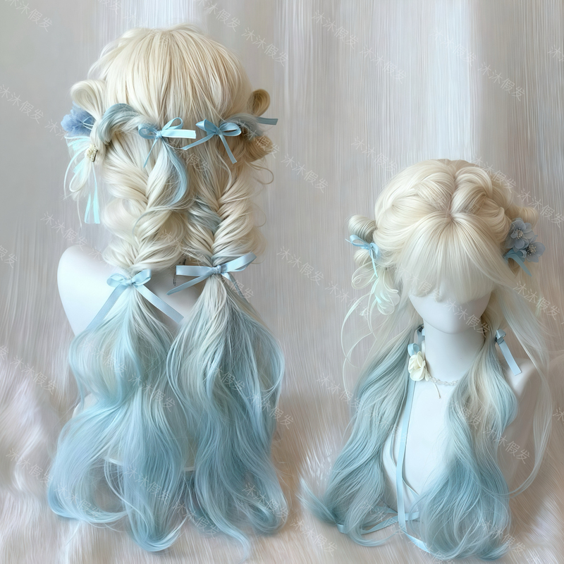 【Ice Island Floating Light】Wig for Women, Platinum Gradient Blue, Internet Celebrity Style, Middle Part Long Curly Hair, Natural and Realistic Full Wig for Daily Use 【Ice Island Floating Light】Wig for Women, Platinum Gradient Blue, Internet Celebrity Style, Middle Part Long Curly Hair, Natural and Realistic Full Wig for Daily Use