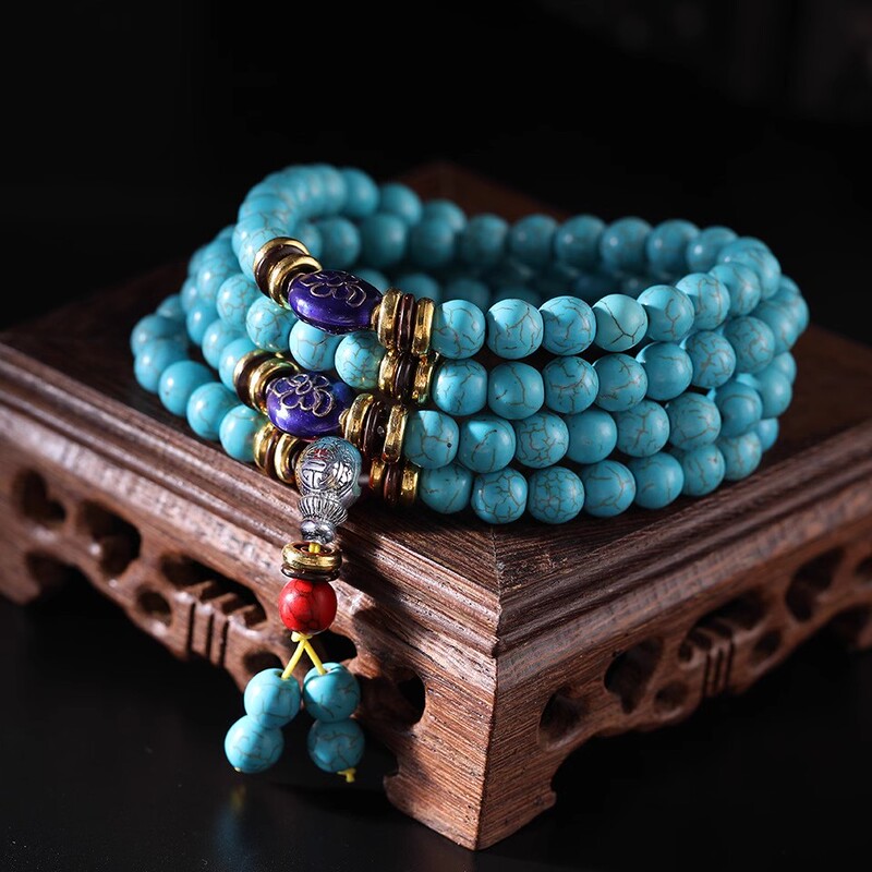 Natural Turquoise 108 Beads Buddha Bead Bracelet, Blue Turquoise Bracelet, Tibetan Ethnic Style Turquoise Bracelet for Men and Women