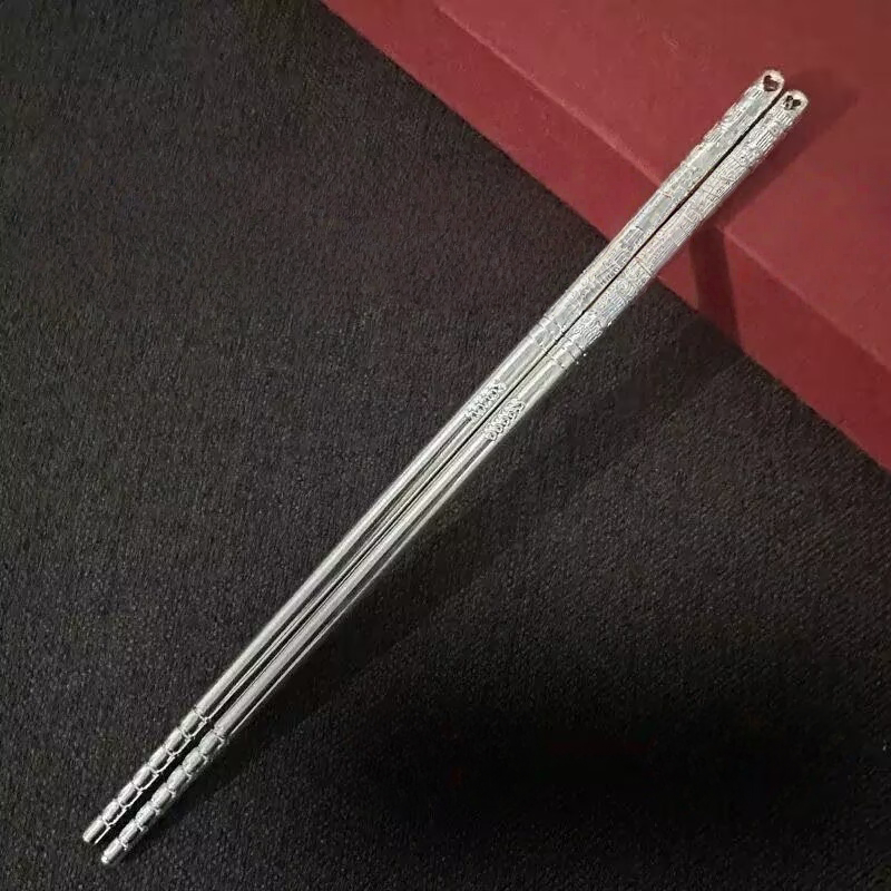 Today's [Bargain Price] Silver Hundred Blessings Chopsticks Solid Household Tableware Pair of Silver-Plated Long Household Chopsticks
