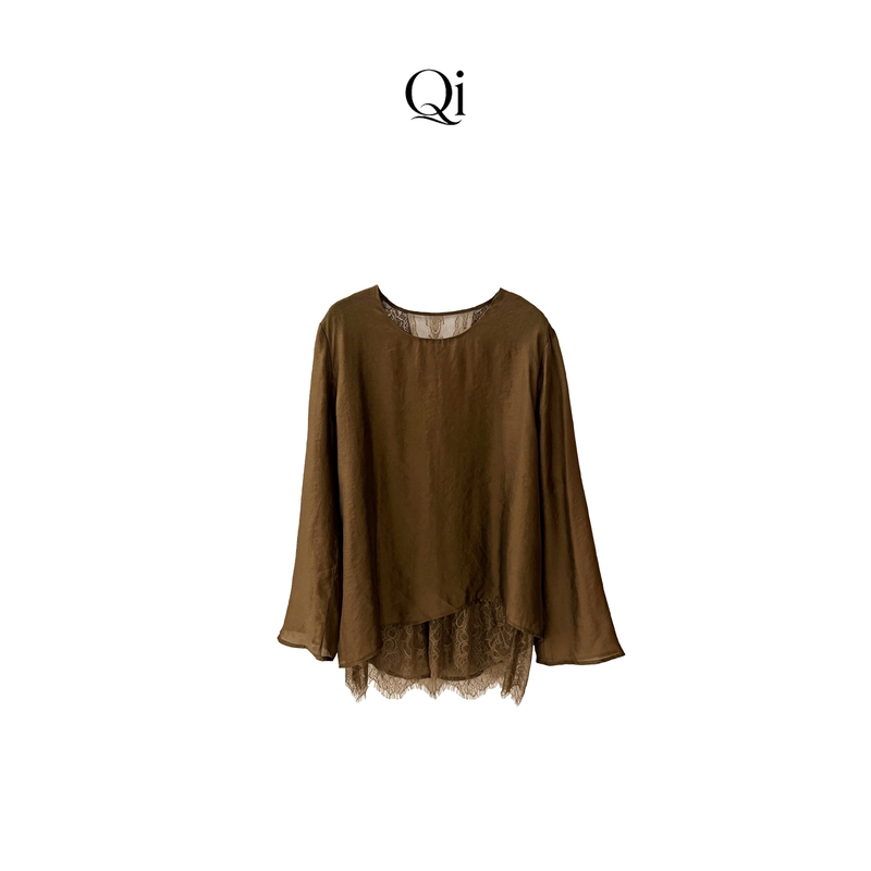 7Seven Maple Brown~ Melard High-Saturation Color Sense, Water-Soluble Soft Lace Double-Layer Design Blouse 1540