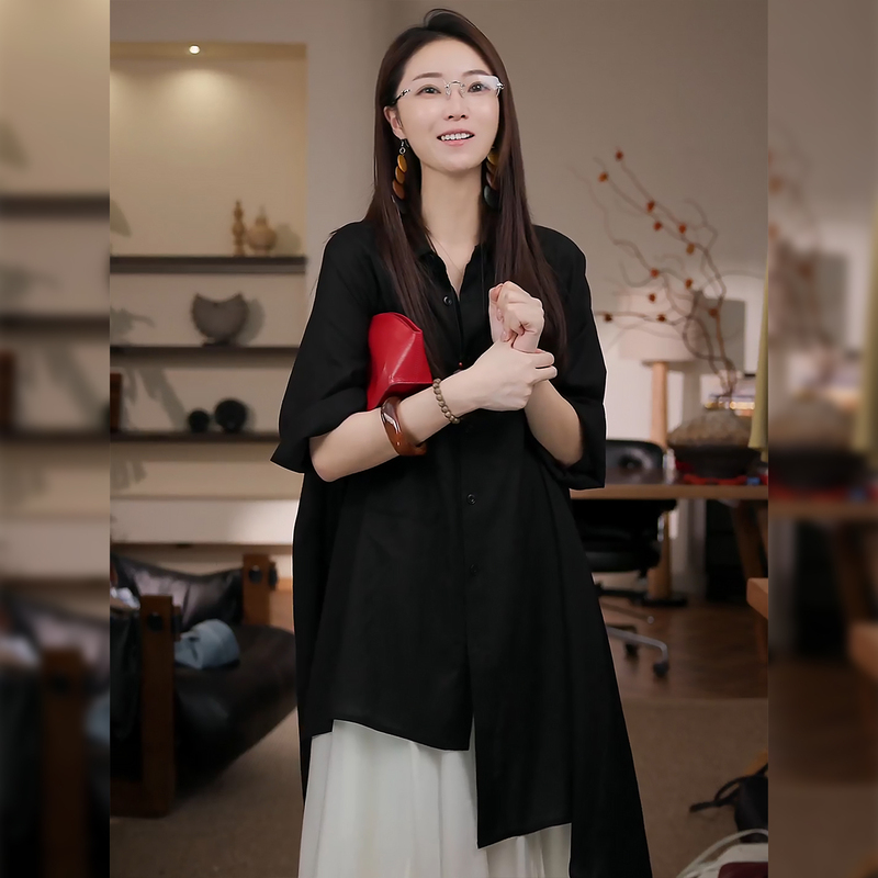 7Seven Tencel Linen~Classic Black Irregular Hem Slit Design Loose Black Shirt for Women