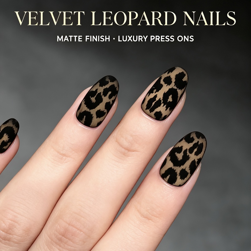Velvet Leopard Print Wearable Nails, New Autumn and Winter Matte Hand-Painted Nails, High-End Retro Oval Nails, Sweet and Cool Style Fake Nails