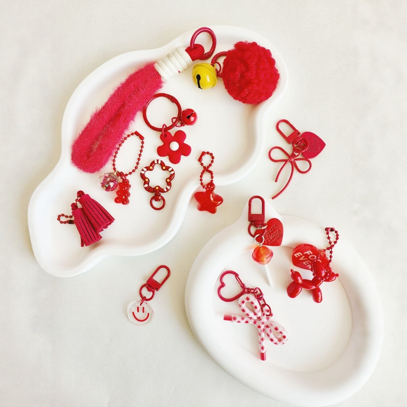 【Multiple in a Pack】Pebble Bead Keychain Accessory Ring DIY Handmade Pebble Bead Tool Kit Pendant Red Ornament