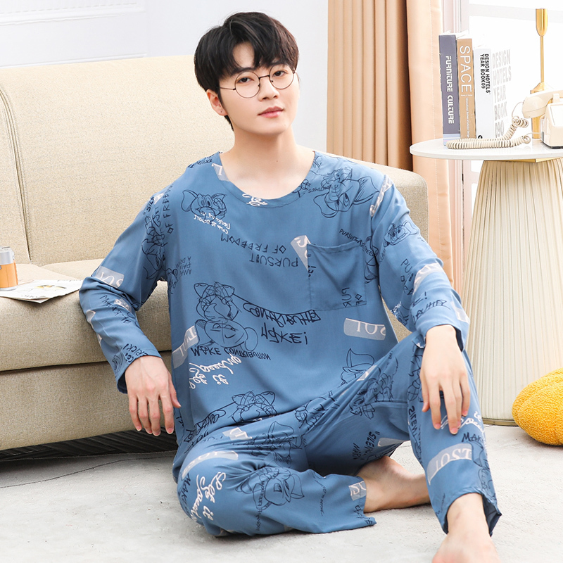 Spring and Autumn Men's Pajamas, Summer Youth Cotton Silk Pajama Set, Cotton Silk Loungewear, Long-Sleeved for Older Children and Students Spring and Autumn Men's Pajamas, Summer Youth Cotton Silk Pajama Set, Cotton Silk Loungewear, Long-Sleeved for Older Children and Students