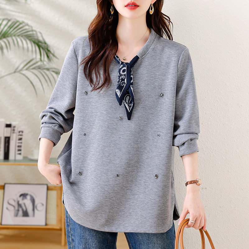 九月墨陌洋气钉钻灰色卫衣秋季2025新款宽松上衣欧货气质大码女装