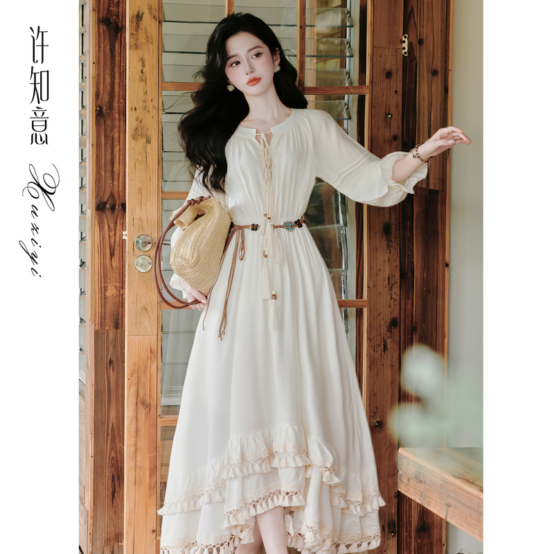 Xu Zhiyi Irregular Tassel Bohemian Long Sleeve Dress Women's Autumn Ethnic Vacation Style A-Line Long Skirt Xu Zhiyi Irregular Tassel Bohemian Long Sleeve Dress Women's Autumn Ethnic Vacation Style A-Line Long Skirt