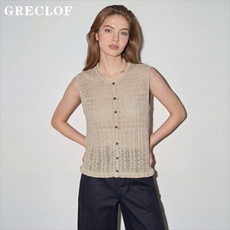 Greclof/Linen Blend Fan-Shaped Hollow-Out Sleeveless Knitted Cardigan for Women 2026 Summer Layered Hollow-Out Vest Top