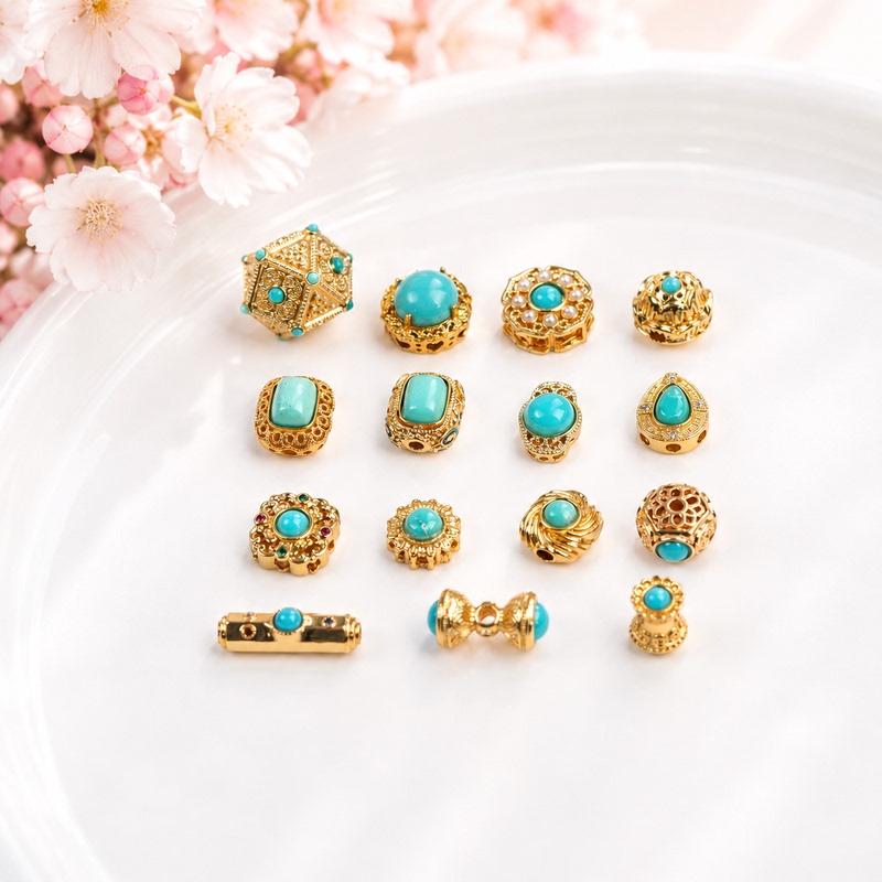 Inlaid with Natural Turquoise, Gold-Plated Copper, Heart-Shaped Four-Leaf Clover, Fancy Cut Out Beads, DIY String Jewelry Accessories