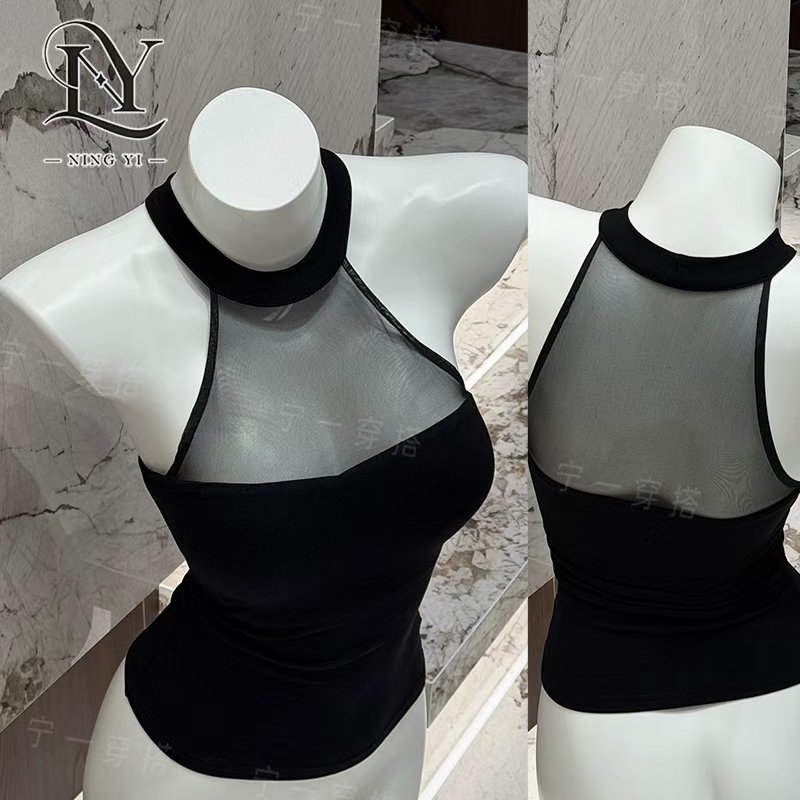 C0005 Halter Neck Mesh Lace Patchwork Pure Desire Style Hot Girl Outfit with Chest Pads Elastic Slim Fit Sleeveless Top C0005 Halter Neck Mesh Lace Patchwork Pure Desire Style Hot Girl Outfit with Chest Pads Elastic Slim Fit Sleeveless Top