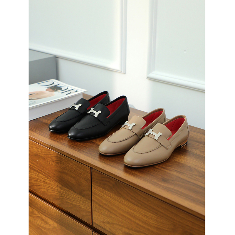 Made in Guangdong! Malaysian Classic H Buckle Flat Loafers, British Style Slip-On Genuine Leather Women's Shoes