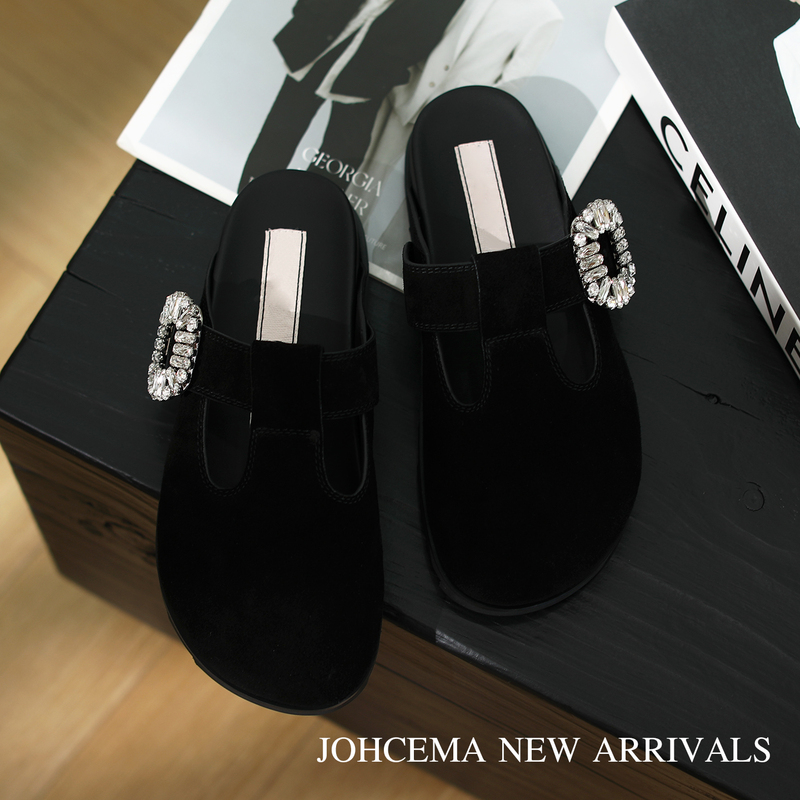 Made in Guangdong! Big Diamond Buckle Thick-Soled Birkenstock-Style Slippers for Women, Matte Cowhide Black Square Buckle Mules
