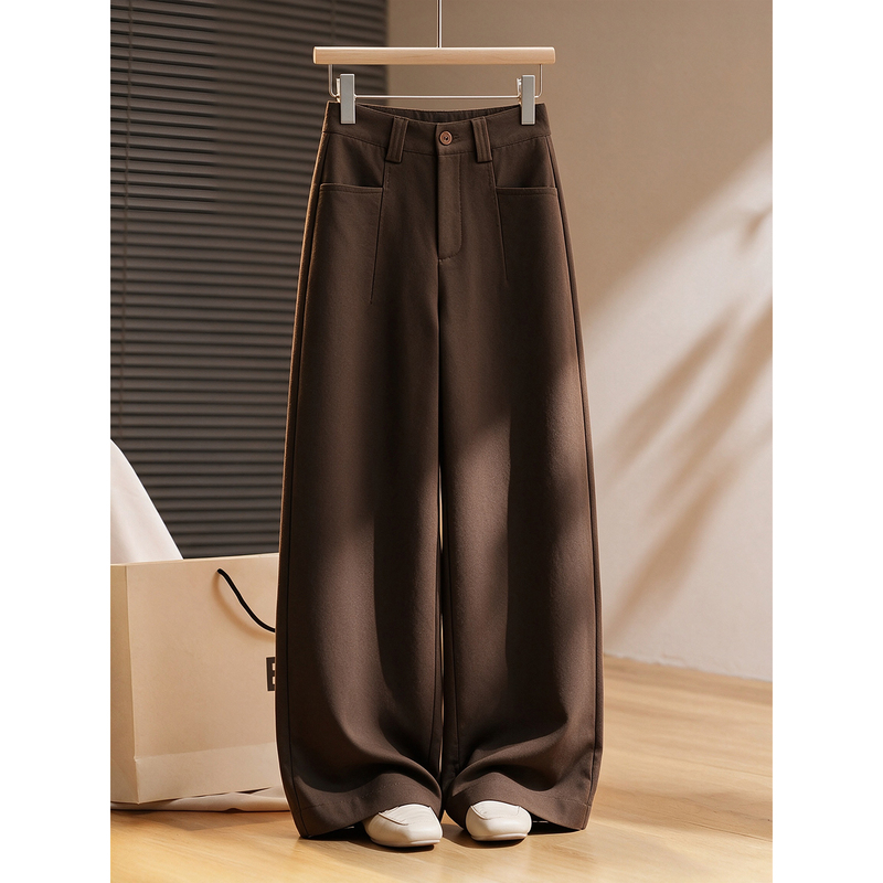 Coffee-Colored Casual Straight-Leg Pants for Women, Autumn 2026 New Style, Melard Style, Petite, Cropped, High-Waisted, Super Stylish Wide-Leg Pants