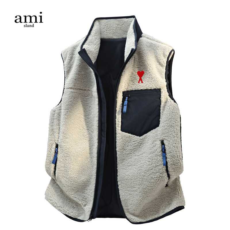 Ami Official New Outdoor Style Lamb Wool Stand Collar Vest Men's Color-Block Zipper Versatile Casual Vest Jacket
