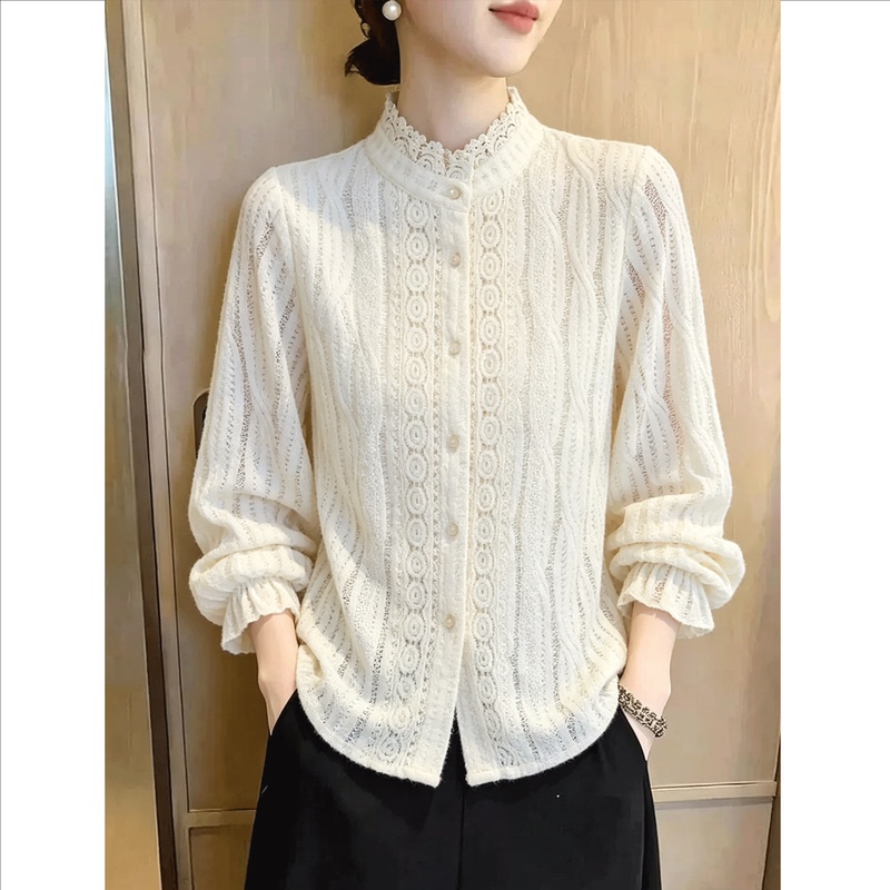 French Retro Lace Stand-Up Collar Shirt for Women 2026 Early Autumn New Style Lace Cut Out Design Elegant Long-Sleeved Top French Retro Lace Stand-Up Collar Shirt for Women 2026 Early Autumn New Style Lace Cut Out Design Elegant Long-Sleeved Top
