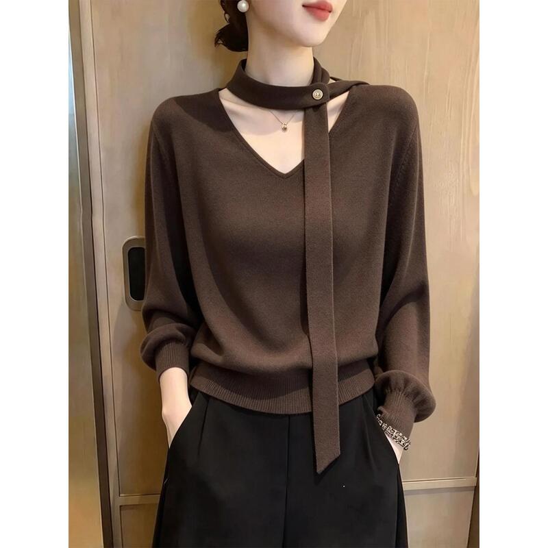 Designed V-Neck Knitted Top with Ribbons for Women, 2026 Autumn New Style, Simple, Loose, Fashionable, Body-Covering Pullover Sweater