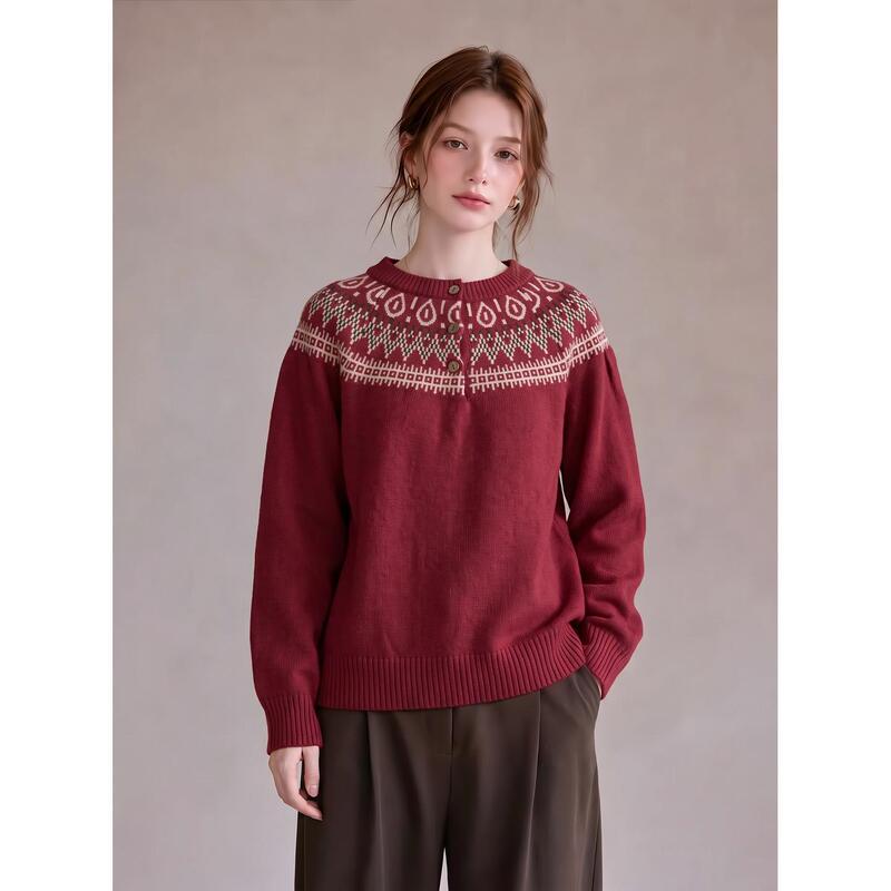 Retro Fair Isle Style Jacquard Round Neck Sweater for Women 2026 Autum New Red Long-Sleeved Knitwear Christmas Sweater Retro Fair Isle Style Jacquard Round Neck Sweater for Women 2026 Autum New Red Long-Sleeved Knitwear Christmas Sweater