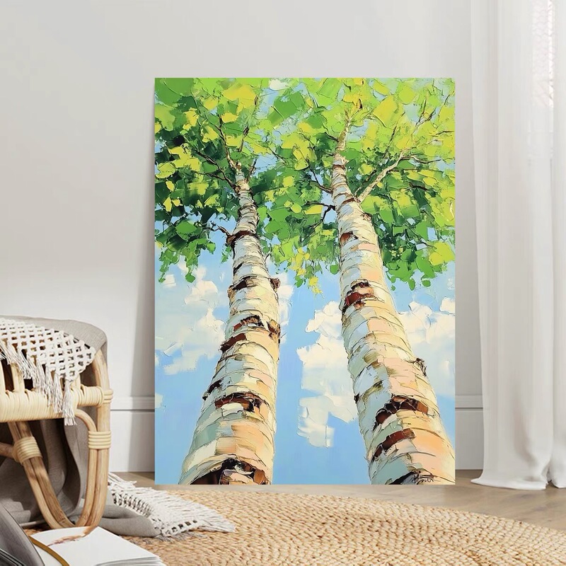 Original Daifen Village Hand-Painted White Birch Tree Texture Oil Painting Decorative Painting for Living Room Entrance Sofa Background Wall Vertical Style
