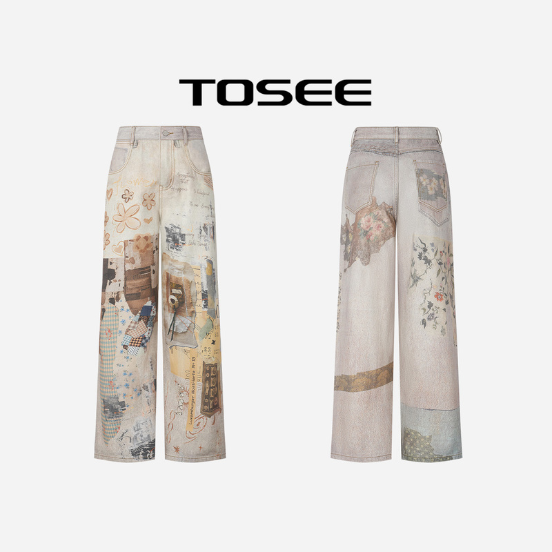 Tosee Hand-Painted Collage Graffiti Style Printed Wide-Leg Jeans 100% Cotton Loose Casual Pants Summer New Style