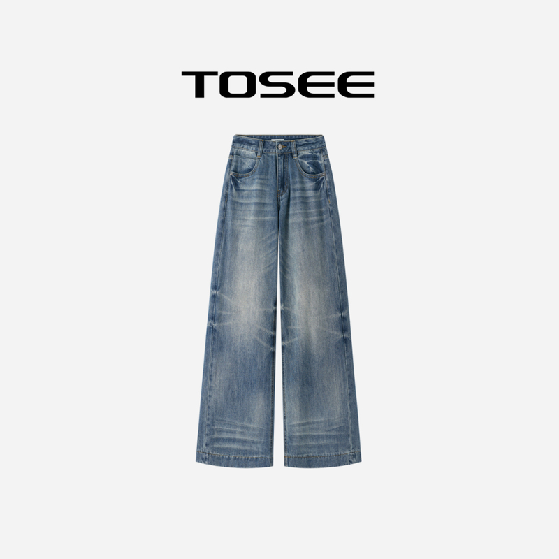Tosee Retro Whiskered Washed Denim Wide-Leg Pants, Distressed Faded Loose Casual Long Pants, New Autumn Style Tosee Retro Whiskered Washed Denim Wide-Leg Pants, Distressed Faded Loose Casual Long Pants, New Autumn Style