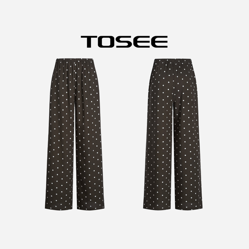Tosee Polka Dot Print Elastic Waist Casual Pants 100% Lyocell Thin Wide-Leg Trousers New Autumn Style Tosee Polka Dot Print Elastic Waist Casual Pants 100% Lyocell Thin Wide-Leg Trousers New Autumn Style