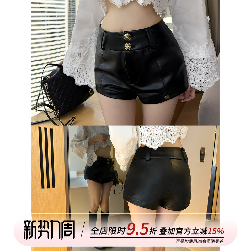 Oyff Fanfan Is Here【Black Tone Heiress】Retro Metal Buckle Soft Black Shorts for Women Summer High-Waisted Leather Pants