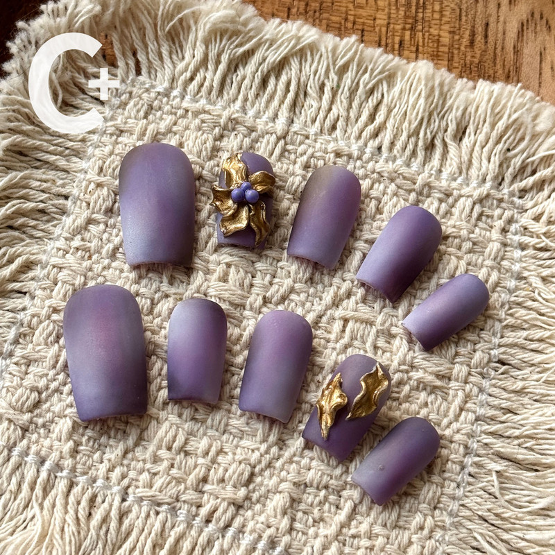 C+ Golden Flower·Mist Purple Gilded Nail Art Wearable Nails Three-Dimensional Carved Gold and Purple Gradient Matte Handmade Short Nails