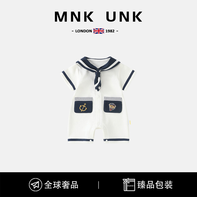 Uk Mnk Unk Baby Short-Sleeve Summer Romper Full Moon Hundred-Day Navy Style Outdoor Jumpsuit Crawling Suit