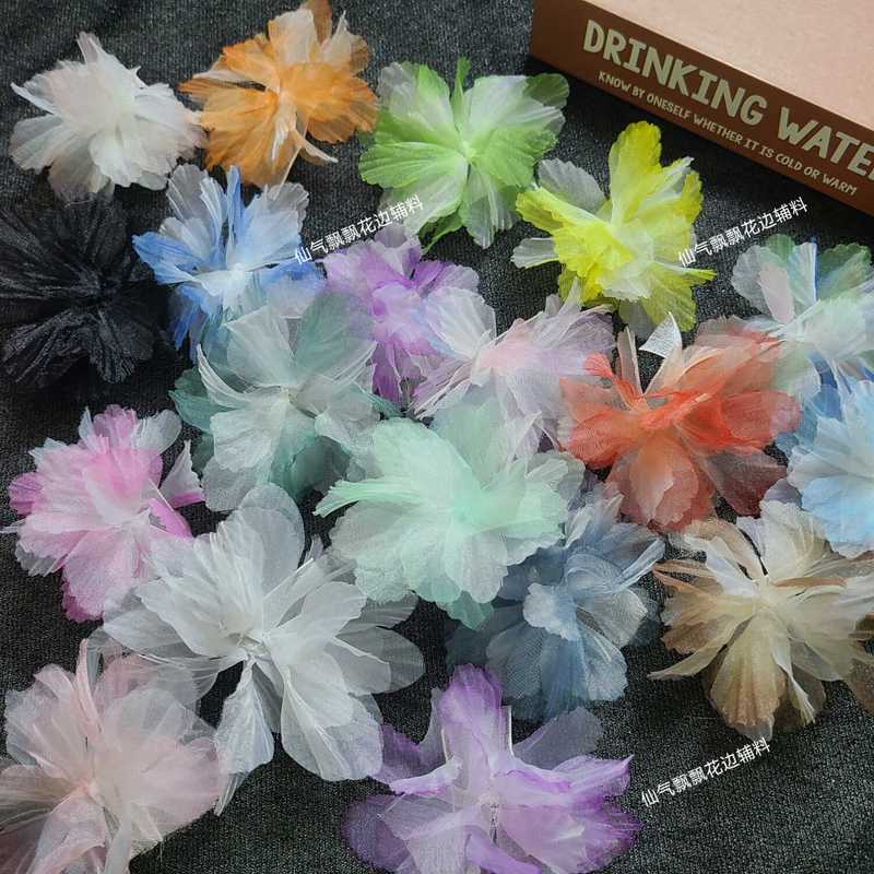 Colorful Gradient Organza Three-Dimensional Flowers Artificial Flowers DIY Headwear Clothing Wedding Cake Decoration Accessories
