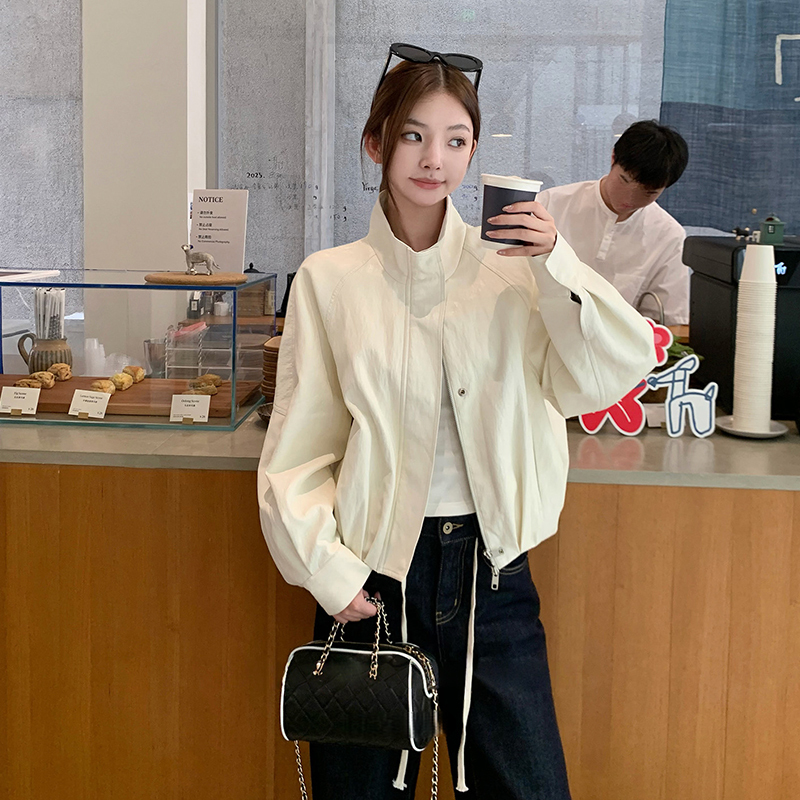 2026 Women's Spring Jacket Stand Collar Pu Leather Coat Casual Versatile Zipper Motorcycle Jacket White