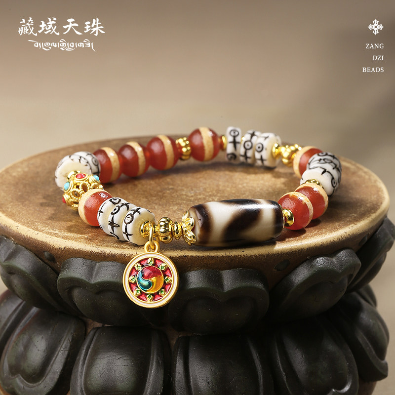 美術品 蔵友旧蔵出 瑪瑙製 細密彫 黑金 雙虎牙達洛天珠手串 高油包漿