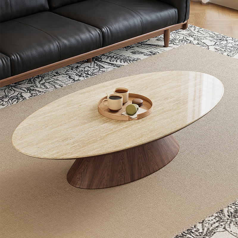 Italian Minimalist Coffee Table, Modern Simple Mid-Century Style, Light Luxury, Small Apartment, Walnut Color Furniture, Oval Set Tea Table