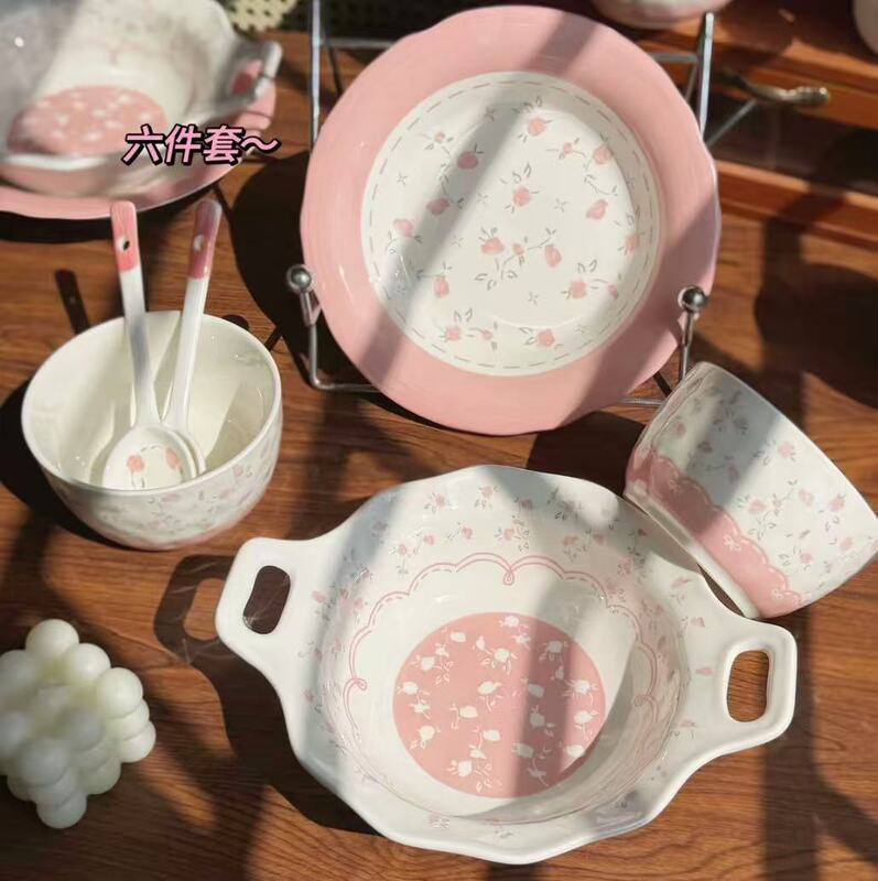 Pink Mist Rose Underglaze Tableware Set for Home Use, ins Style, High Aesthetic Bowl, Plate, Cup, and Spoon Combination 6-Piece Set Pink Mist Rose Underglaze Tableware Set for Home Use, ins Style, High Aesthetic Bowl, Plate, Cup, and Spoon Combination 6-Piece Set