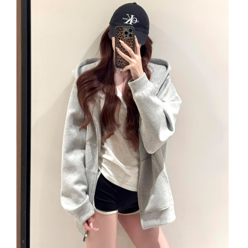 Early Autumn Jacket for Women 2026 New Trendy Popular Hooded Autumn Sweatshirt for Women Spring and Autumn Thin Gray Cardigan Top